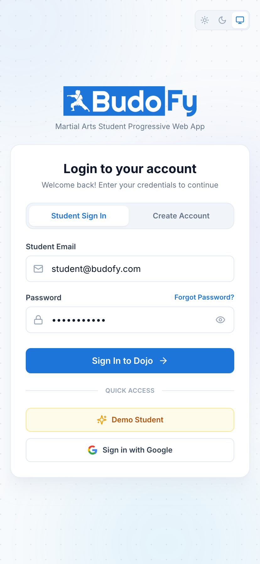 Budofy Mobile App Splash and Login